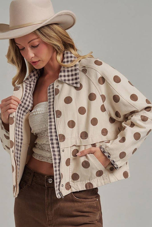 Polka Dot Canvas Fall Jacket with Gingham Collar