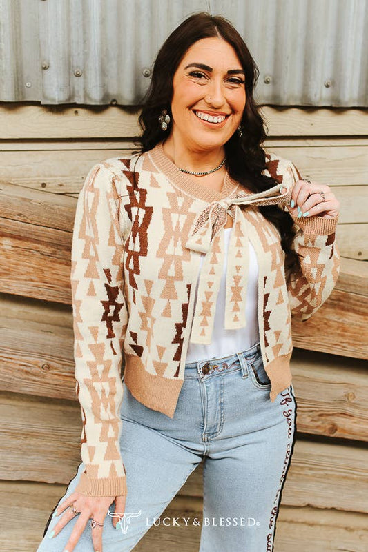 Cream Mocha Aztec Knit Sweater Cardigan Front Tie Sweater
