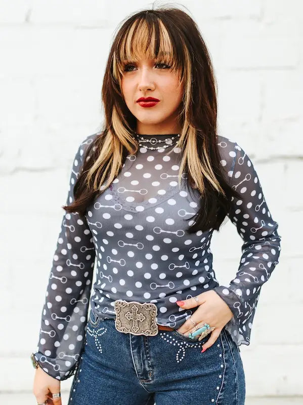 Horse Bit Mesh Top — Polka Dot Long Sleeve Western Sheer
