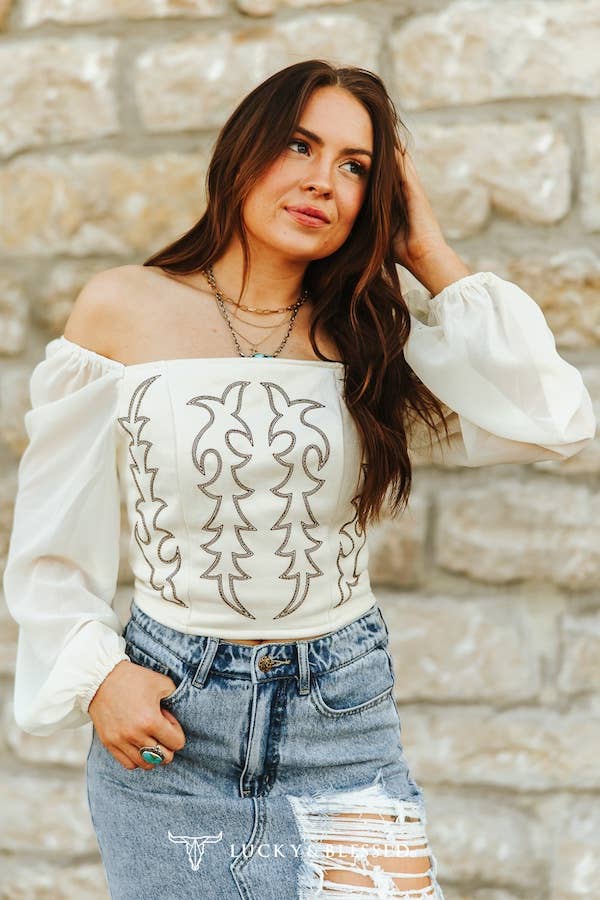 Ivory Boot-stitch Embroidered Elastic Long Sleeve Top