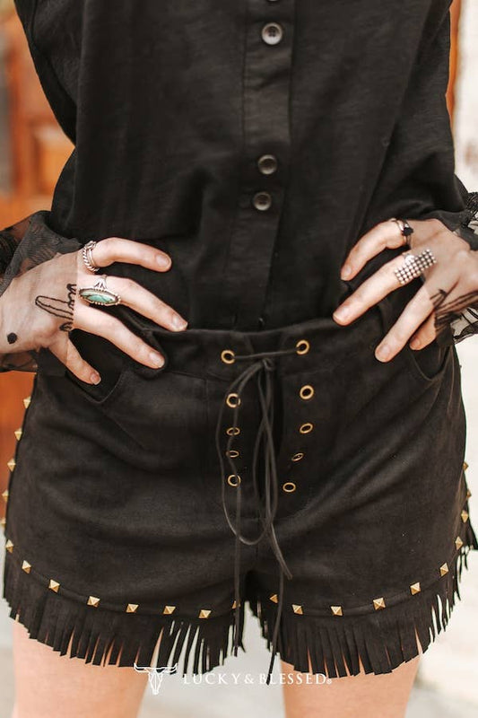 Dusty Trail Fringe Shorts – Black