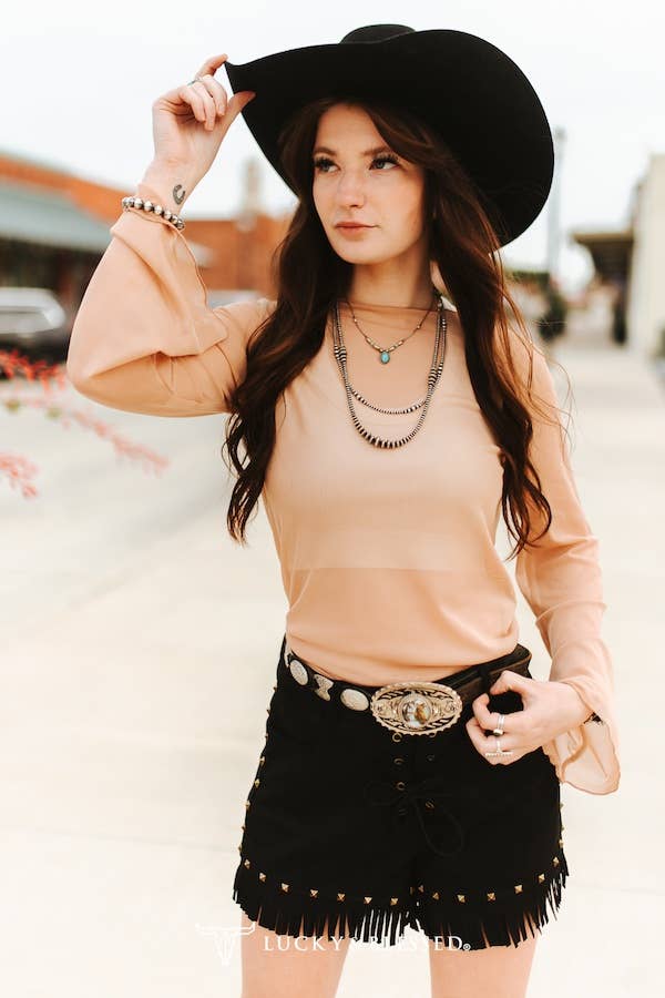 Cream Mesh Long Sleeve Western Top