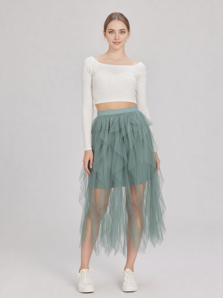 Layered Tulle Waterfall Midi Skirt