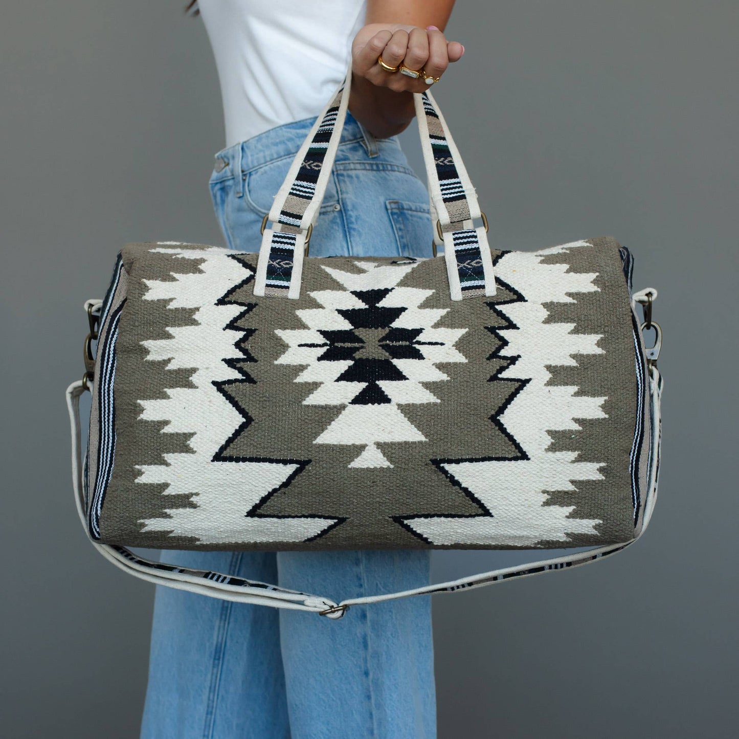 Taupe, White & Black Western Duffel