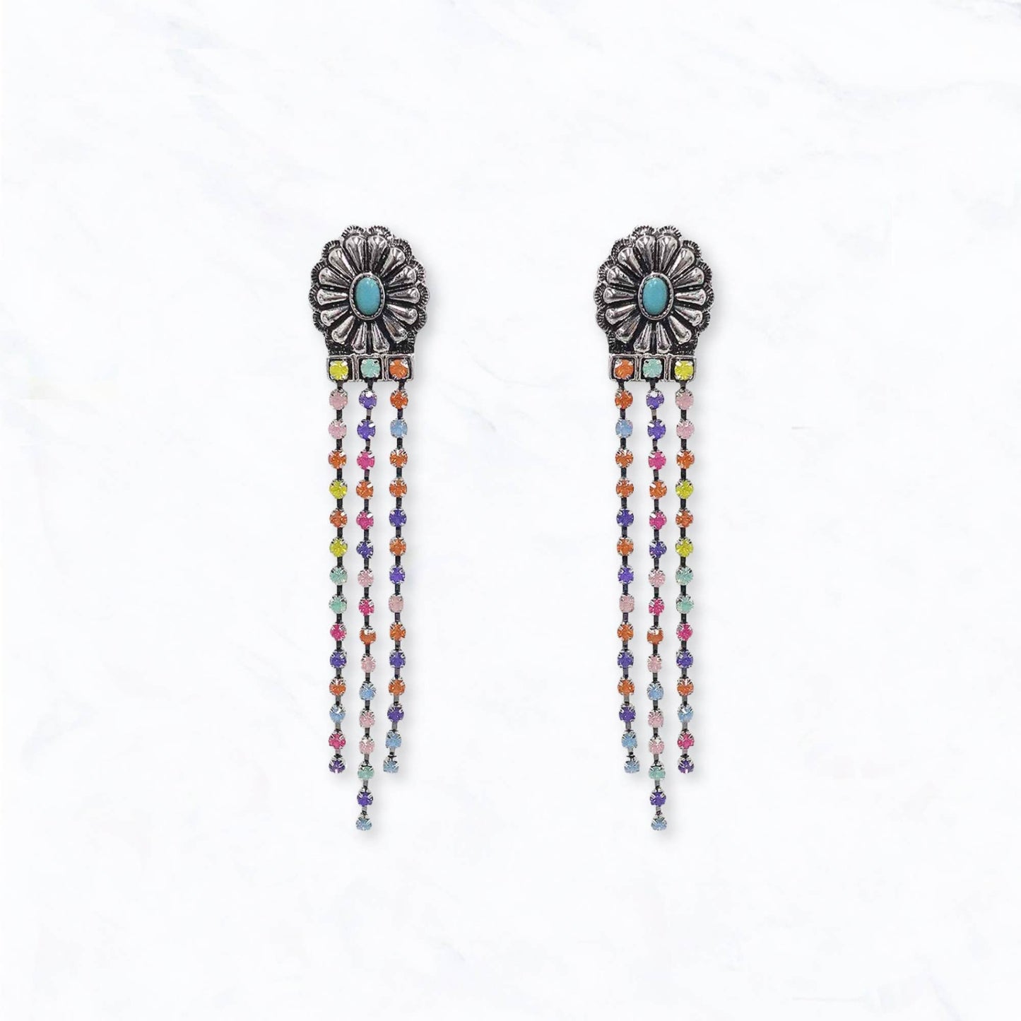 Western Concho Colorful Rhinestone Fringe Earrings