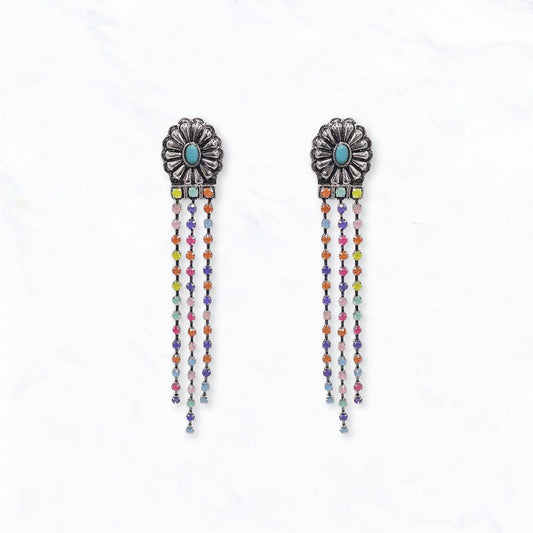 Western Concho Colorful Rhinestone Fringe Earrings