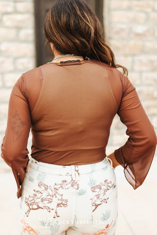Brown Mesh Long Sleeve Western Top