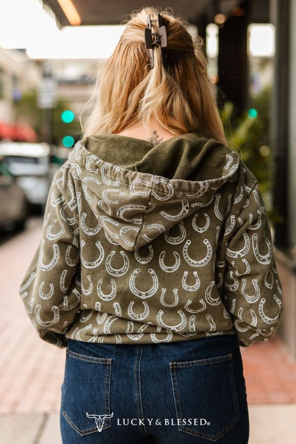 Olive Mineral Wash Horseshoe Printed Zip Up Hooded Sweater: XL-3XL