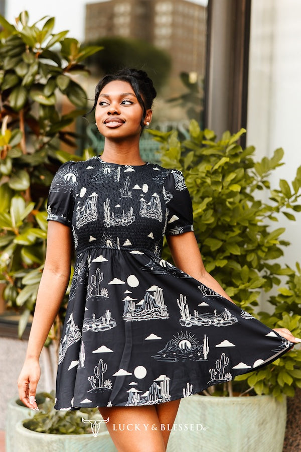 Desert Sunset Smocked Dress — Puff Sleeve Back Keyhole Western Mini