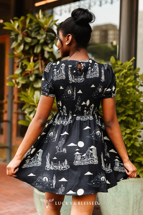 Desert Sunset Smocked Dress — Puff Sleeve Back Keyhole Western Mini