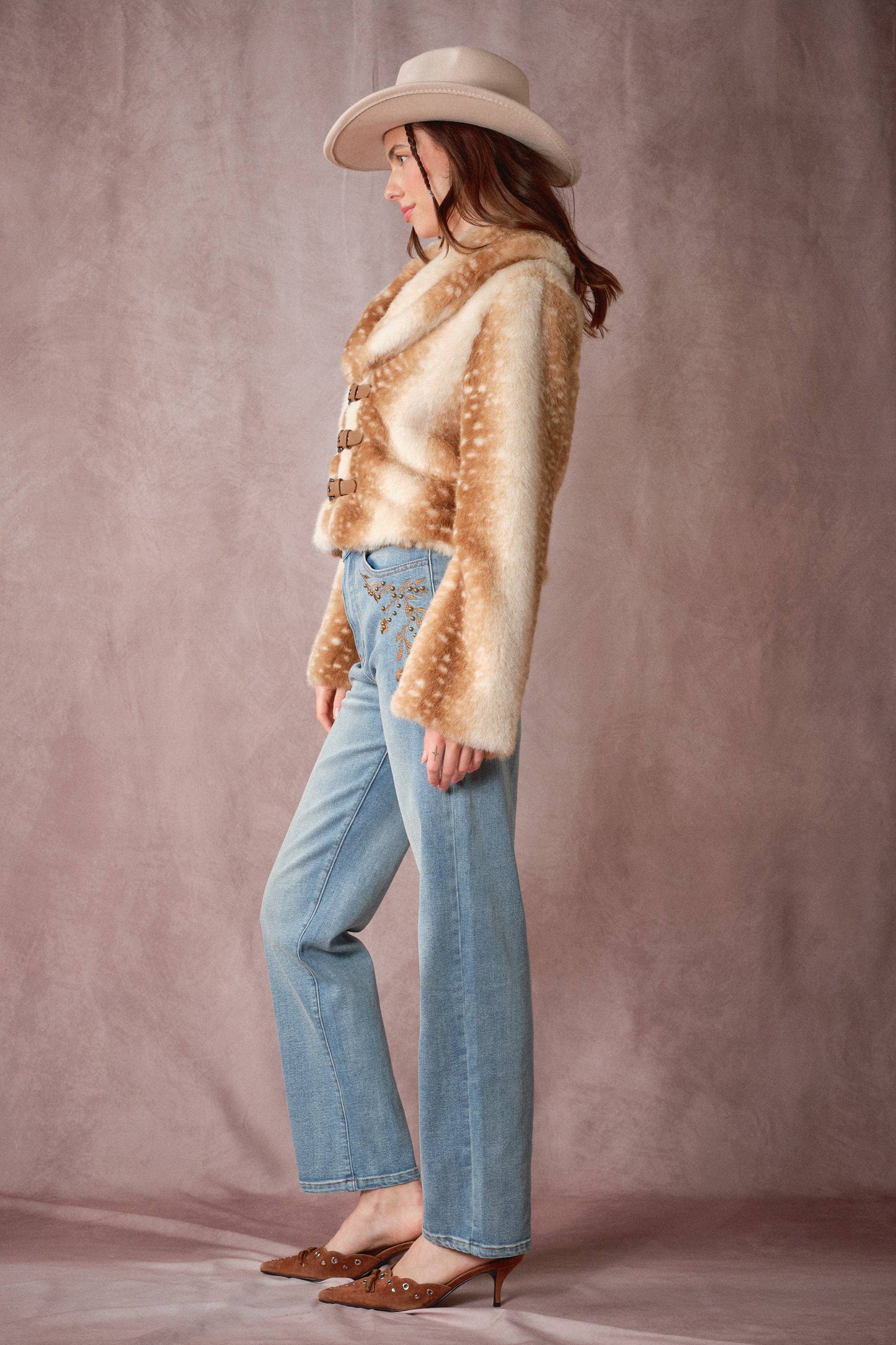 Buckled Deer Print Faux Fur Jacket