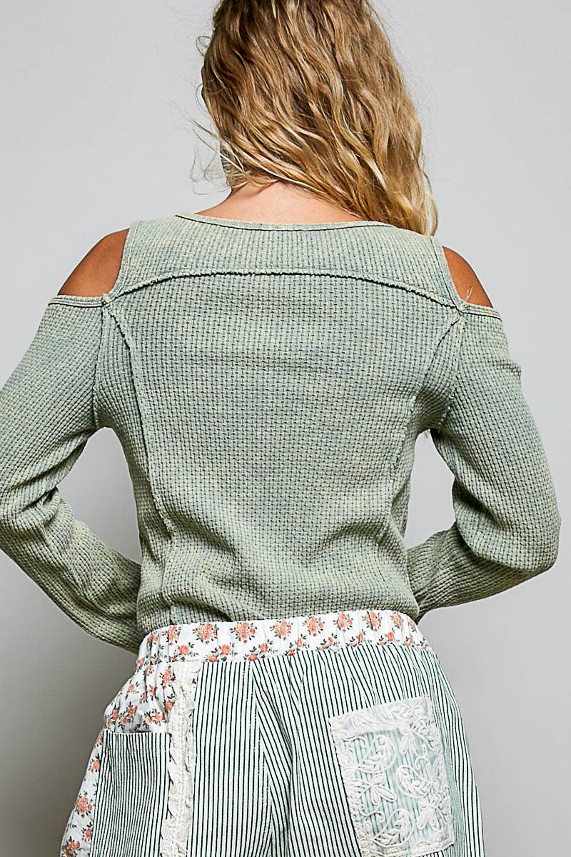 Vintage Washing Solid Buckle Open Shoulder Knit Thermal Top-Multiple Colors