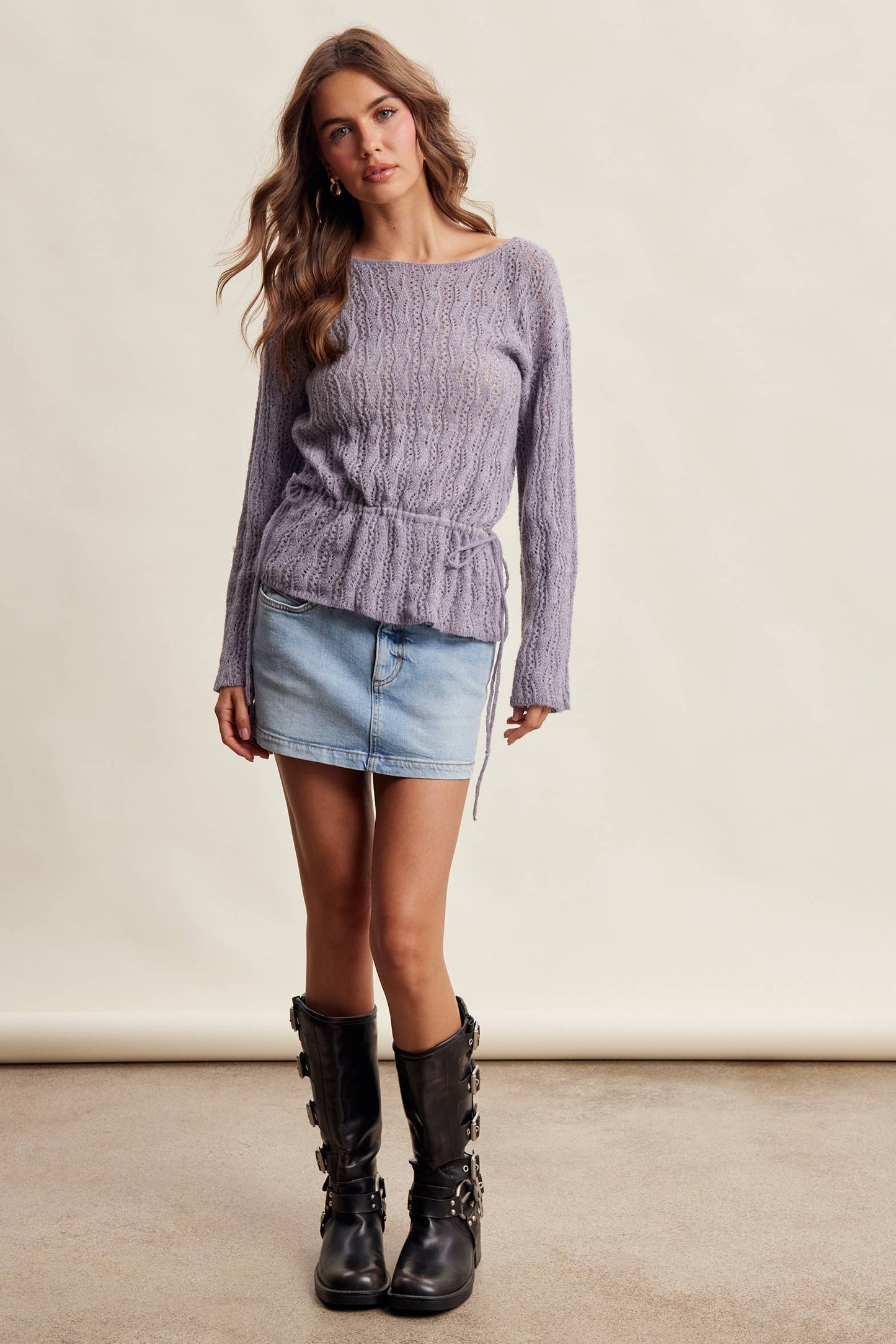 Pointelle Tie-Waist Knit Sweater