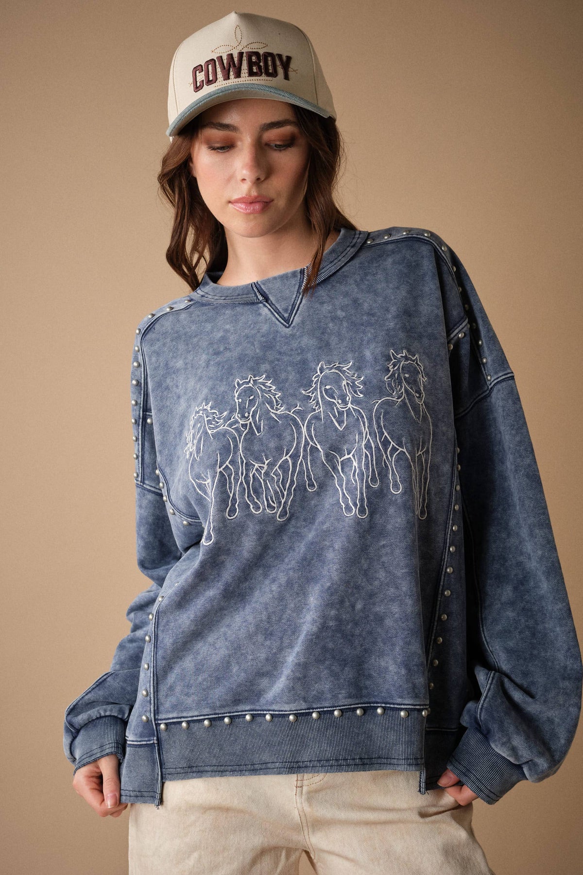 Horse Embroidery Stud Sweatshirt