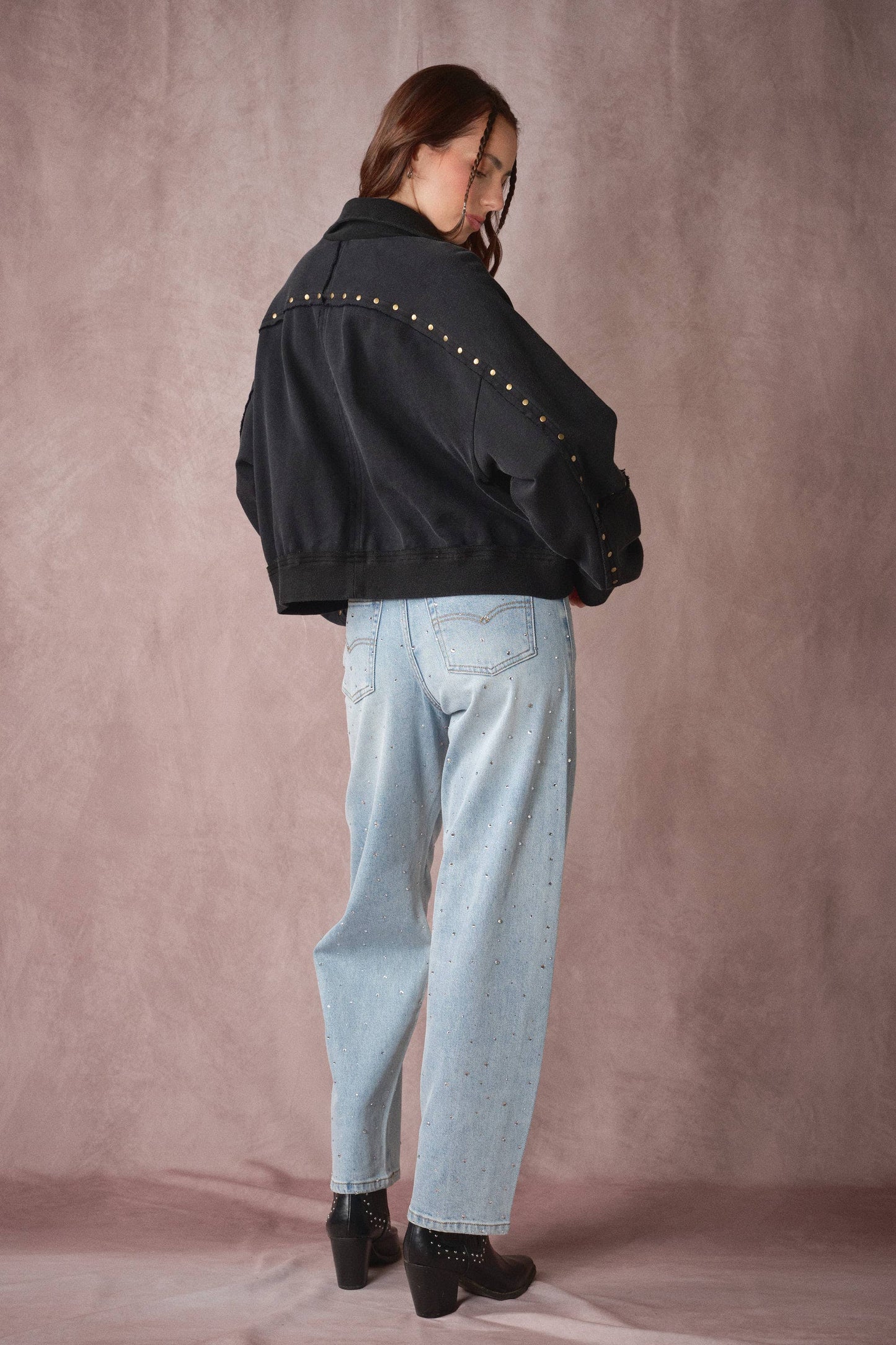 Studded Half-Zip Sweatshirt Black & Cream