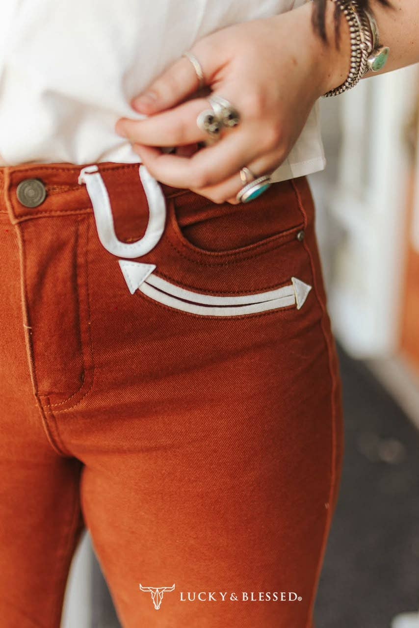 Camel Stretch Denim Western Arrow Wide Leg Jeans