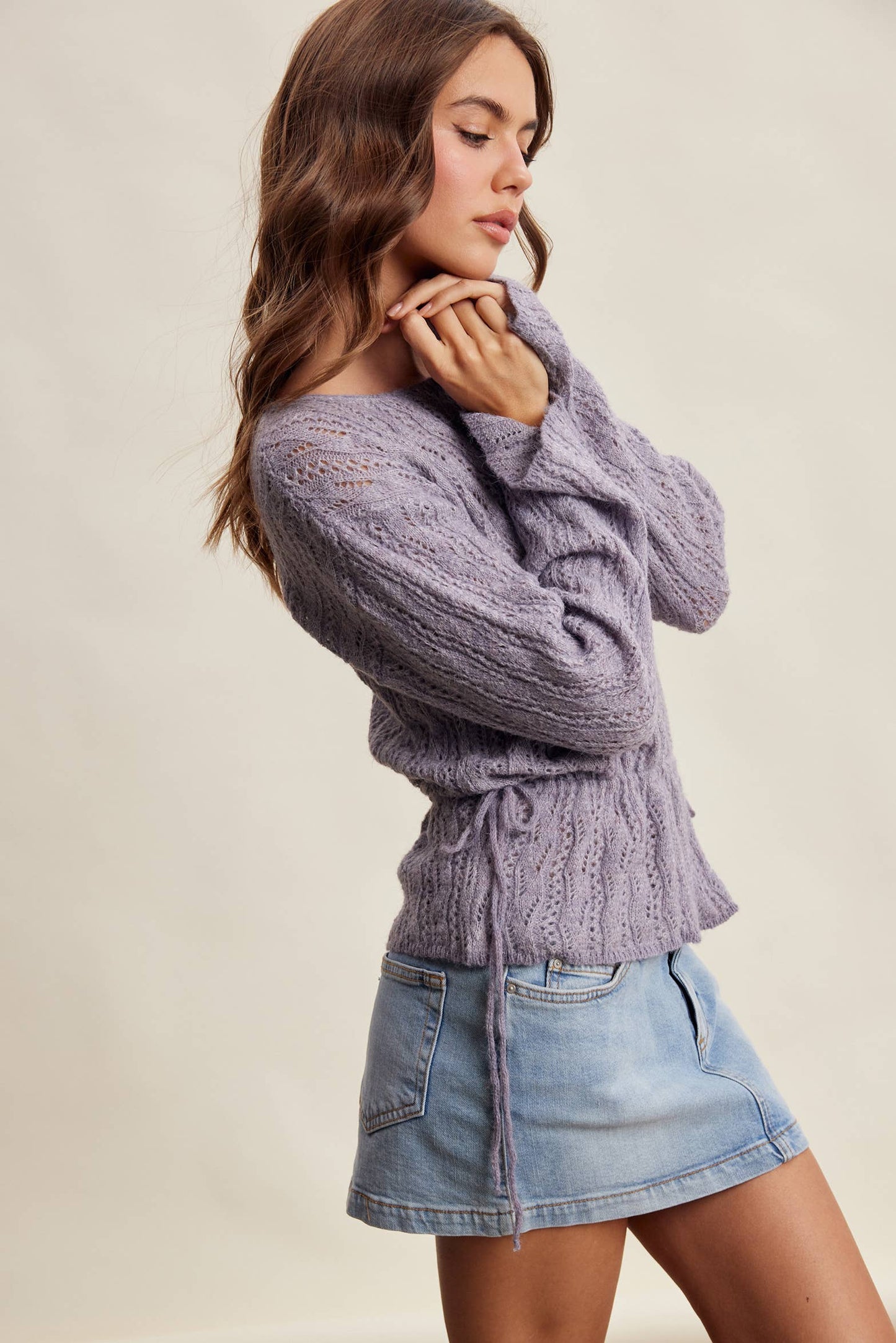 Pointelle Tie-Waist Knit Sweater