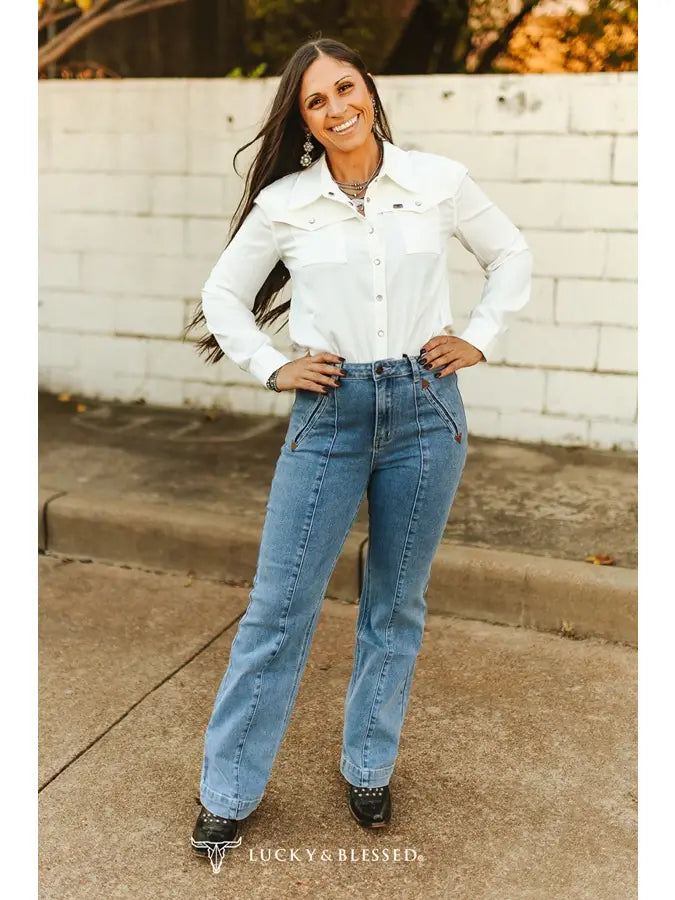 Dust Trail Wide Leg Jeans — Mid Wash High Rise Crease