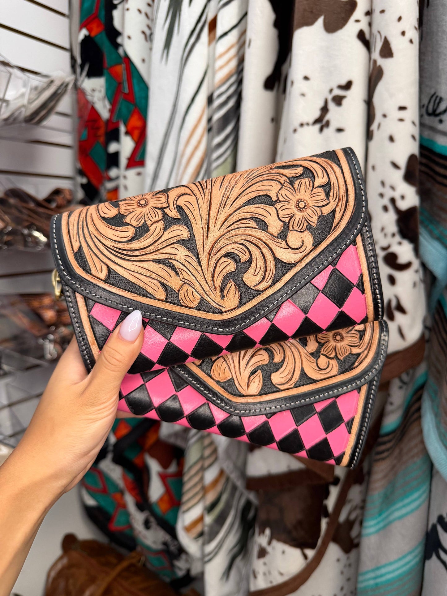 Checkered Tooled Leather Western Clutch Wallet & Wristlet