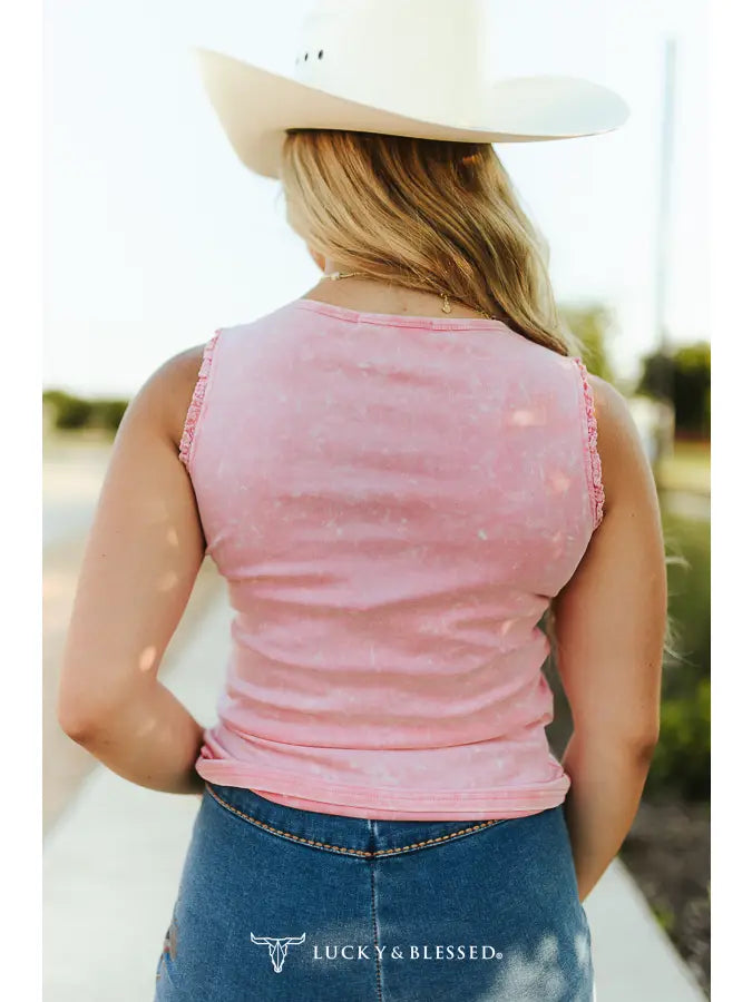 Pink Mineral Wash Cowgirl Printed Trim Detail Tank Top