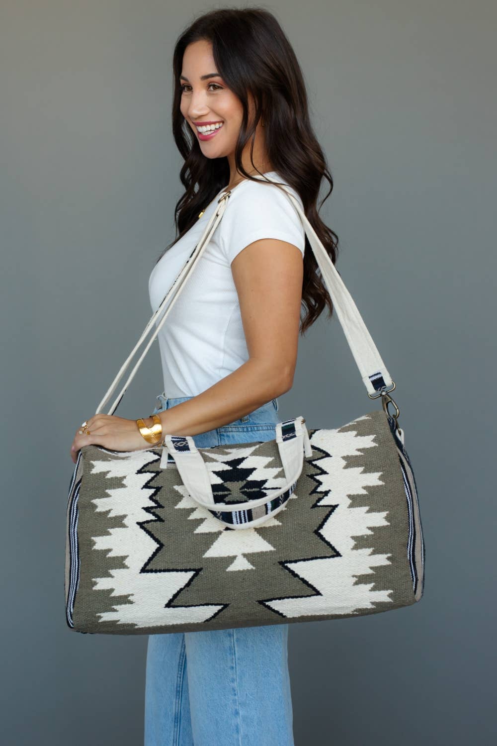 Taupe, White & Black Western Duffel