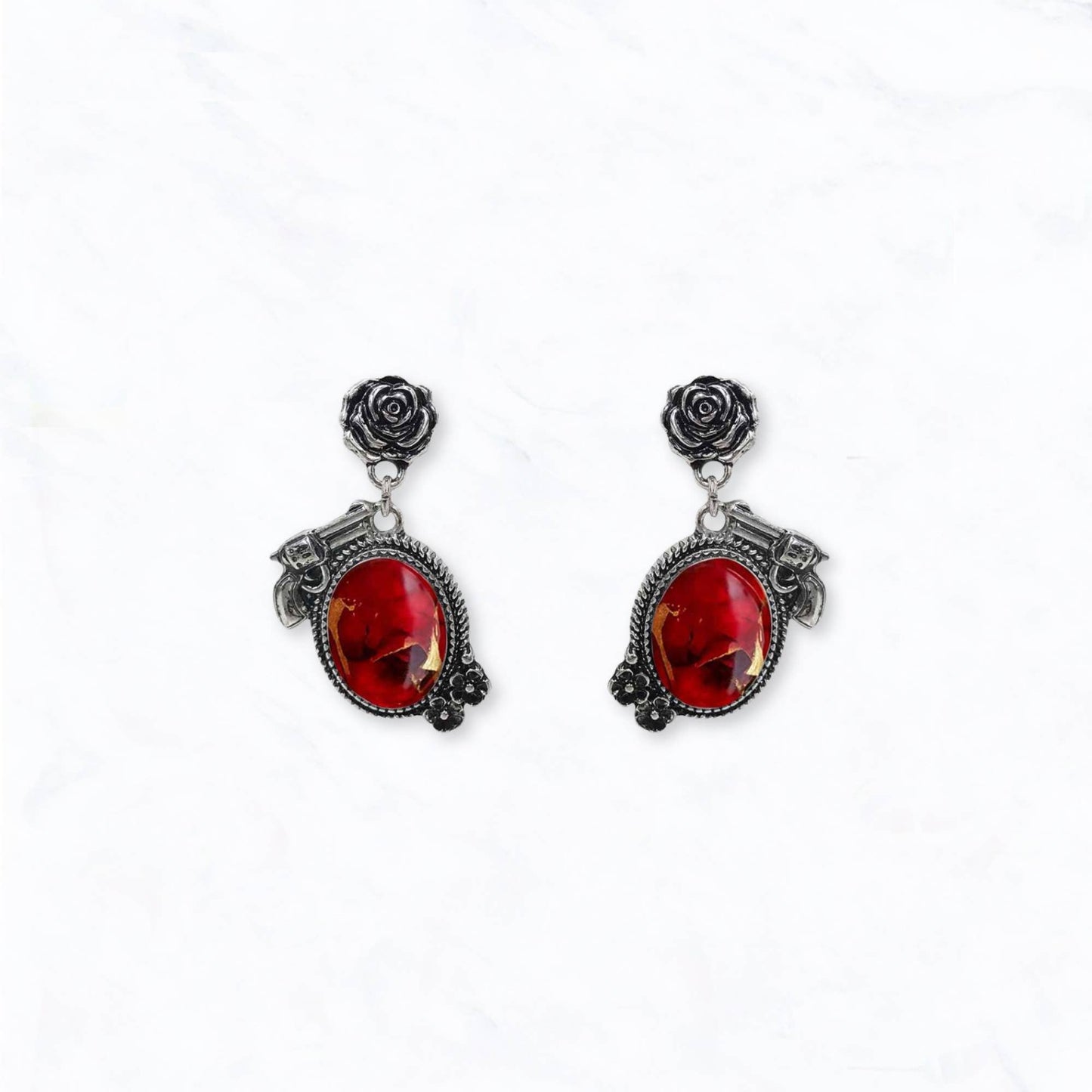 Western Engraved Revolver & Rose Drop Earrings: Turquoise
