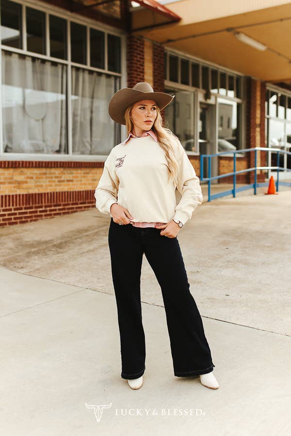 Cream Cowgirl Western Embroidered Long Sleeve Sweatshirt