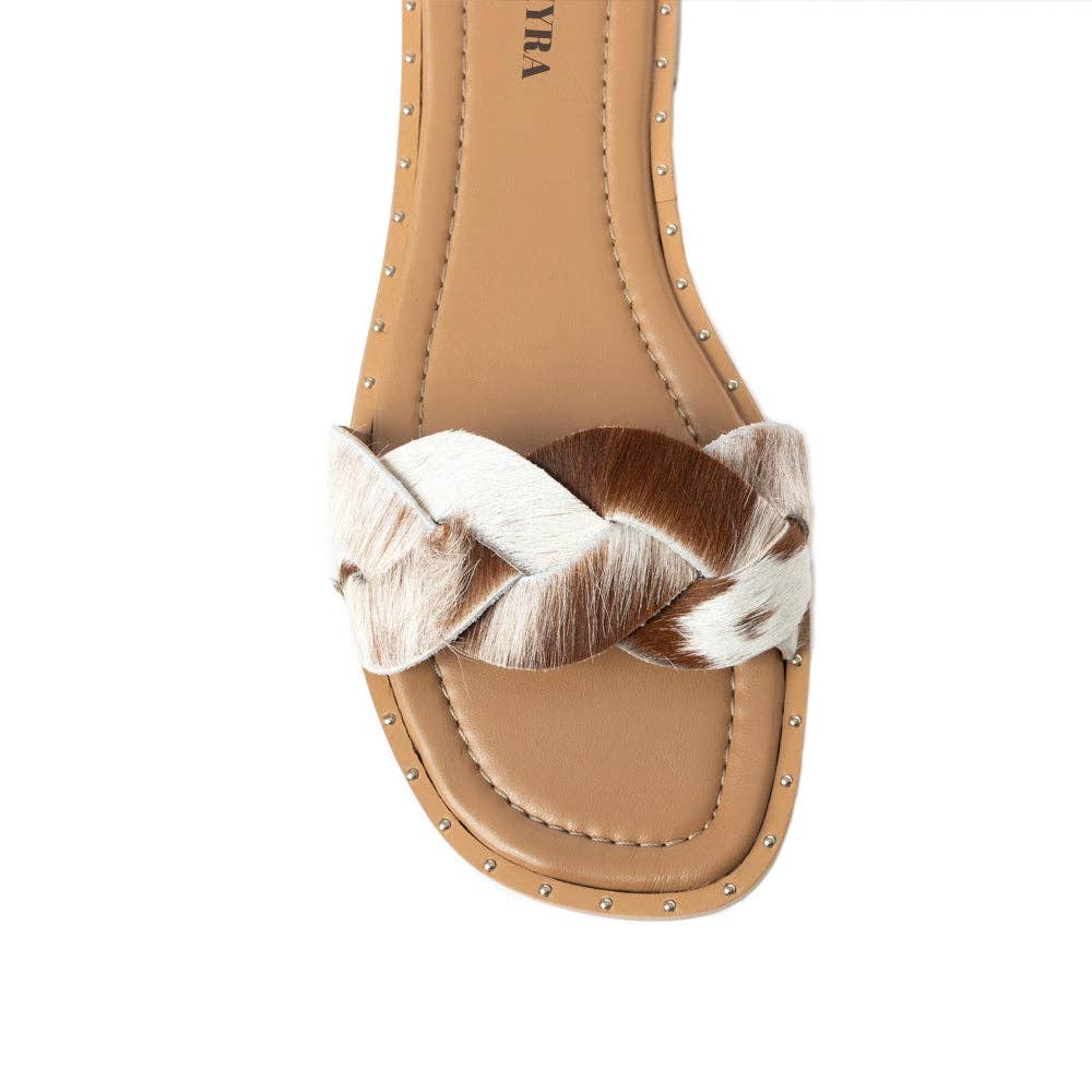 Pearline Hair-On Hide Marble Slide Sandals – Brown & White