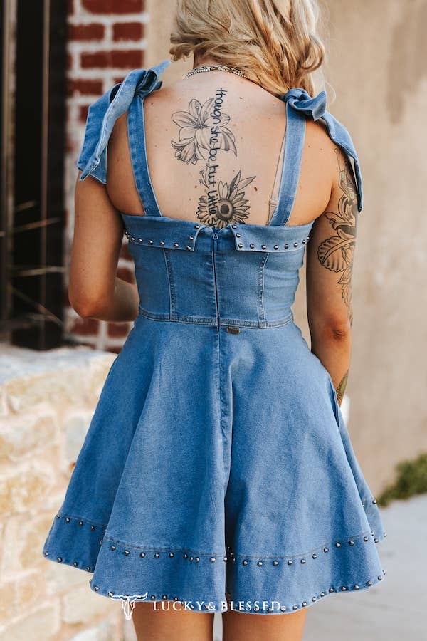 Mid Wash Studded Denim Mini Dress with Thick Strap Detail