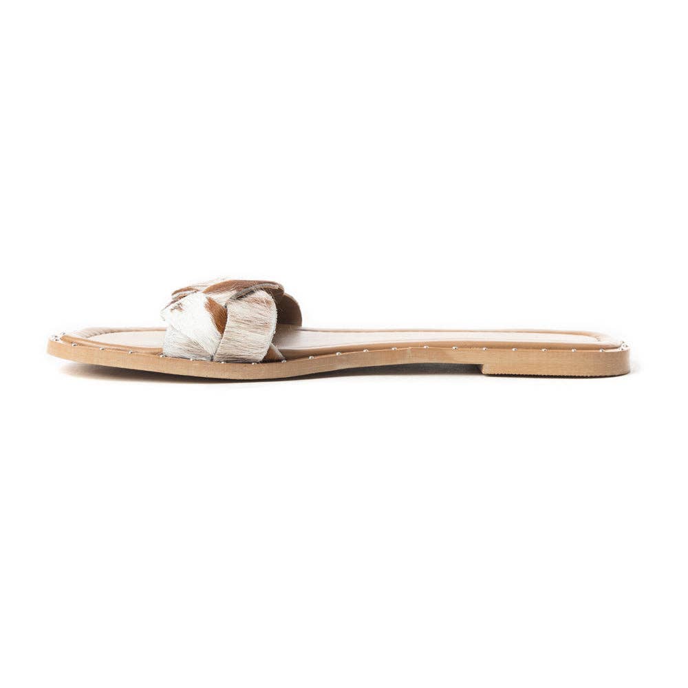 Pearline Hair-On Hide Marble Slide Sandals – Brown & White