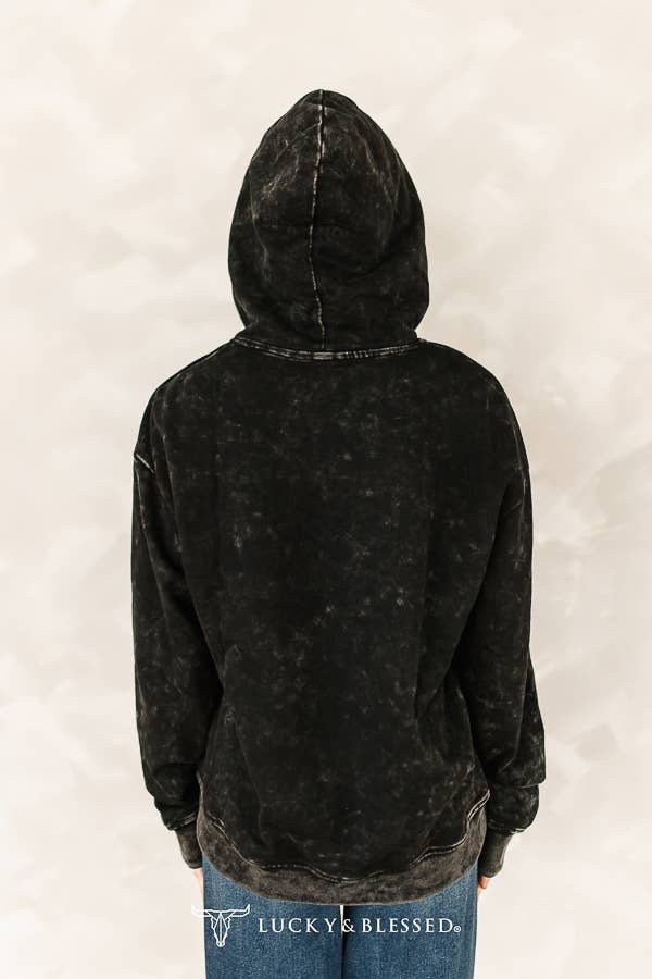Black Mineral Wash Yeehaw Embroidered Detail Hoodie