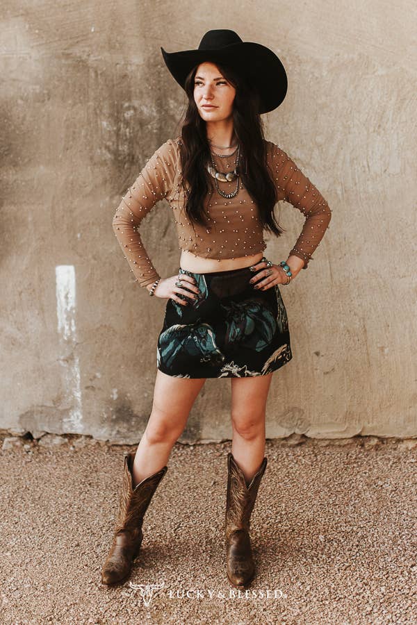 Taupe Pearl Studded Long Sleeve Crop Top