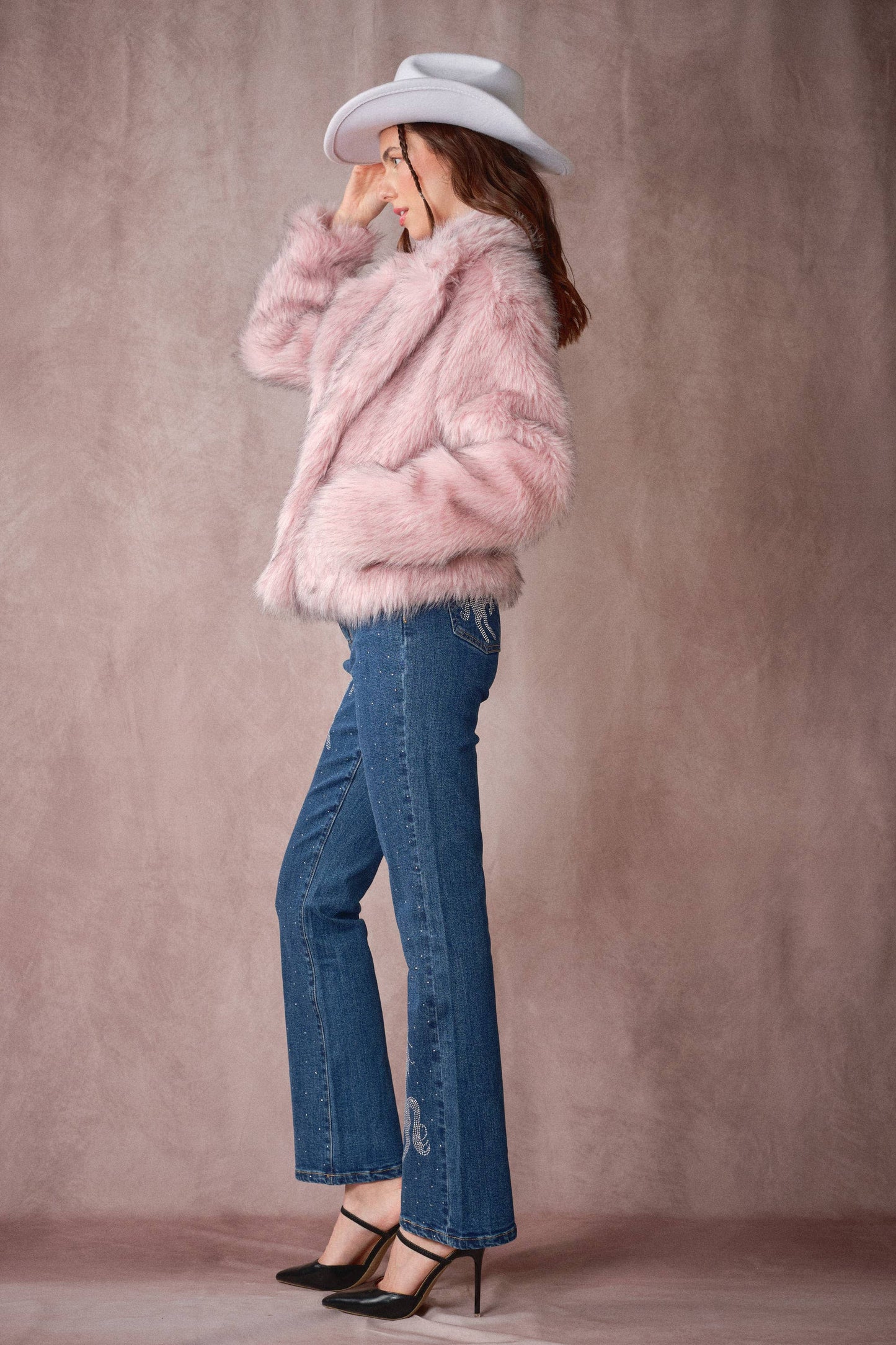 Two-Tone Faux Fur Hook & Eye Coat in Blush Pink