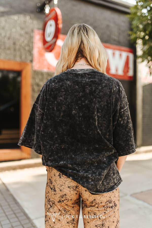 New-Black Mineral Wash Studded Oversized Boyfriend Tee