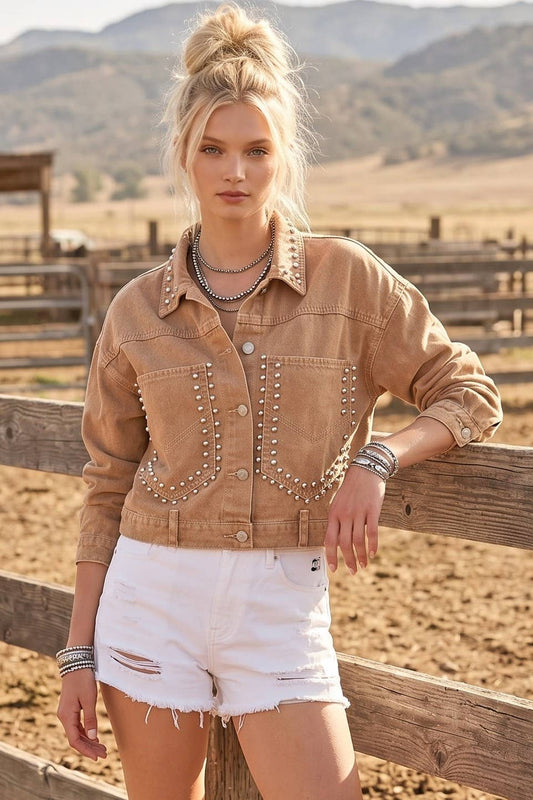 STUDDED CROPPED WASHED DENIM JACKET