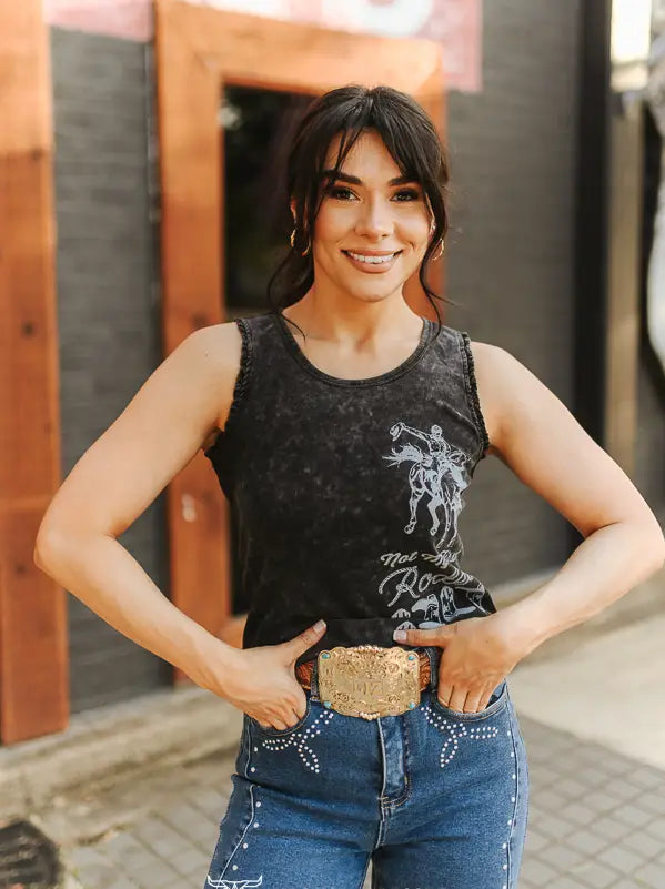 Black Mineral Wash Rodeo Printed Trim Detail Tank Top