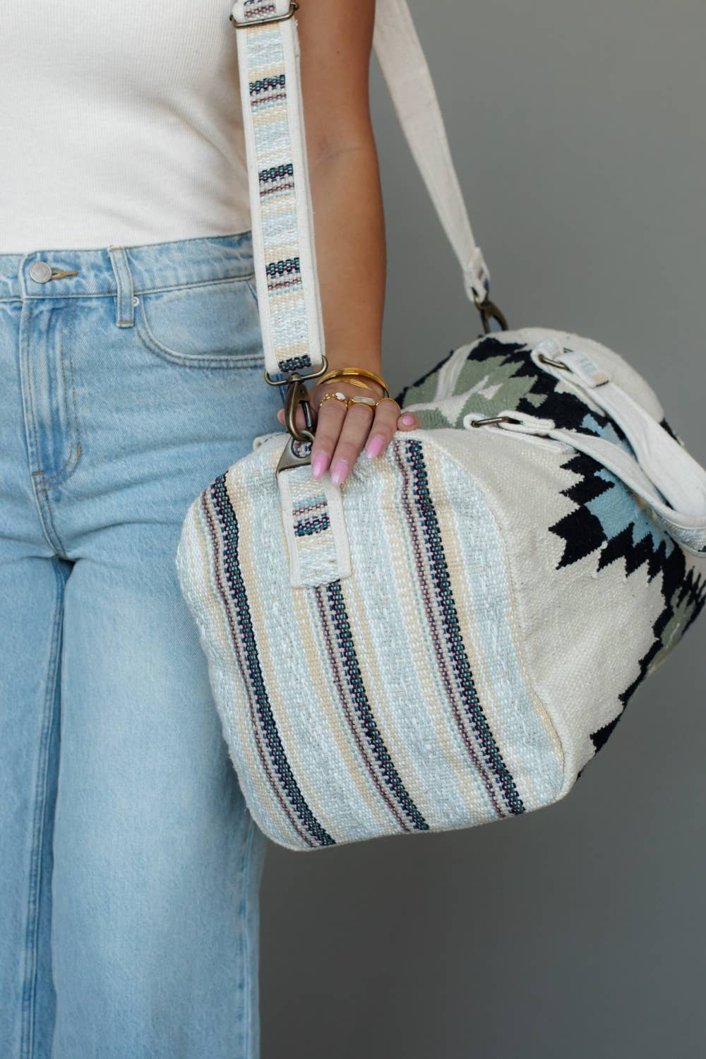 White, Black, Lt. Blue & Olive Western Duffel