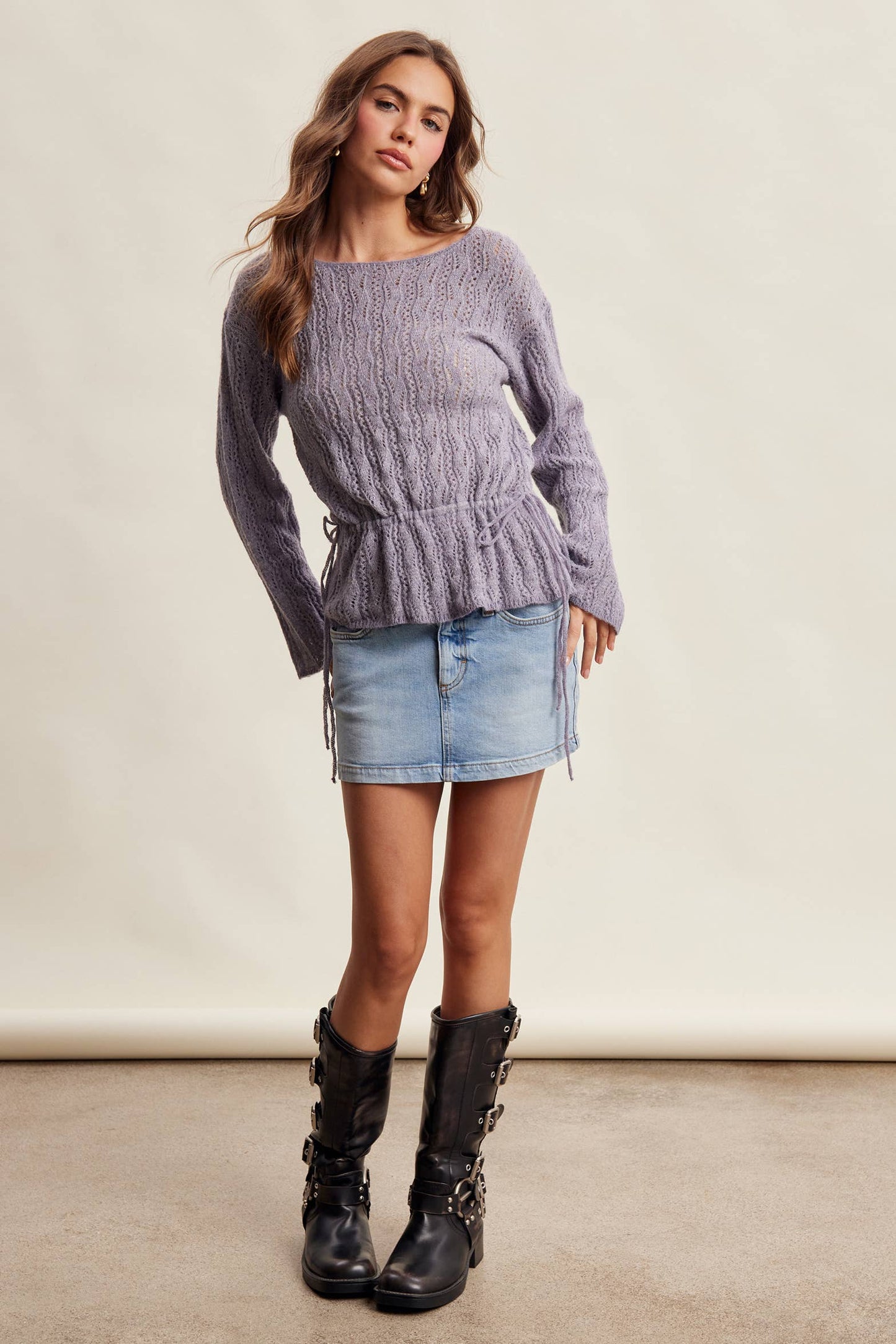 Pointelle Tie-Waist Knit Sweater