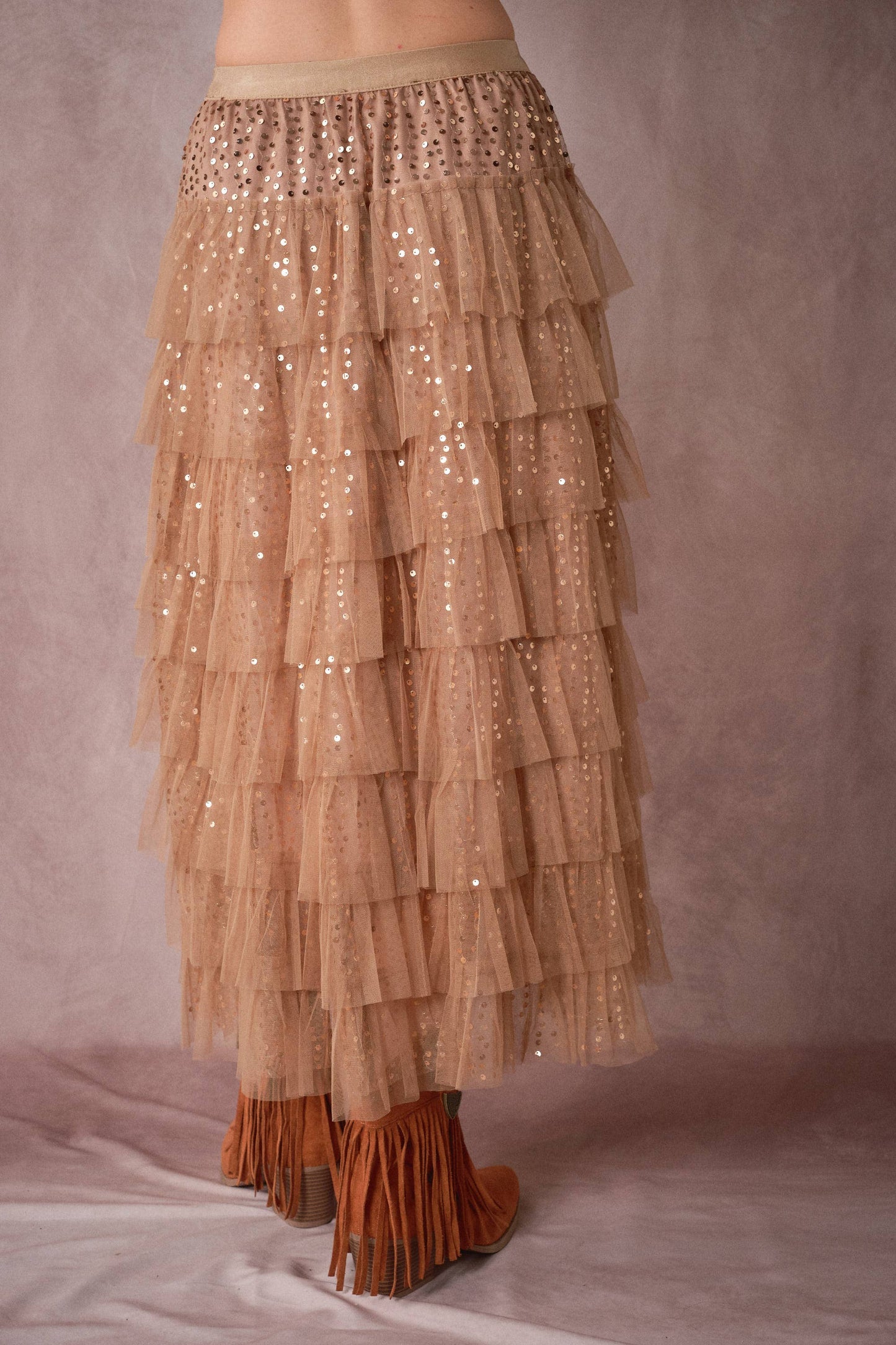 Sequin Tiered Mesh Maxi Skirt