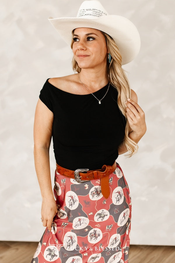 Black Fitted Sleeveless Top — Asymmetrical Off-Shoulder Stretch Western